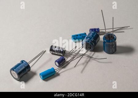 electronic components scattered on clear background Stock Photo