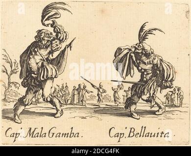 Jacques Callot, (artist), French, 1592 - 1635, Cap. Mala Gamba amd Cap. Bellavita, Balli di Sfessania, (series), c. 1622, etching Stock Photo