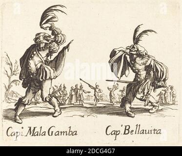 French 17th Century, (artist), Jacques Callot, (artist after), French, 1592 - 1635, Cap. Mala Gamba and Cap. Bellavita, Balli di Sfessania (set of 17 copies: 1943.3.2182-2198), (series), etching Stock Photo