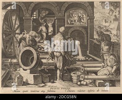 Theodor Galle, (artist), Flemish, c. 1571 - 1633, Jan van der Straet, (artist after), Flemish, 1523 - 1605, Casting of Cannons: pl.3, New Discoveries, (series), c. 1580/1590, engraving Stock Photo