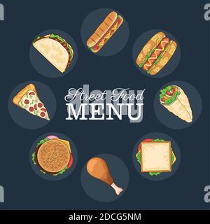 delicious fast food menu around of lettering vector illustration design Stock Vector