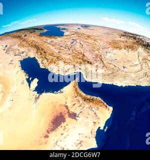 Strait of Hormuz. Map of the Middle East, Persian Gulf and Indian Ocean connecting across the Strait of Hormuz. Satellite view of Iran, UAE Stock Photo