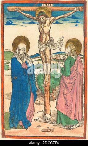 Albrecht Dürer, (artist), German, 1471 - 1528, Christ on the Cross Between the Virgin and Saint John, 1493, hand-colored woodcut Stock Photo