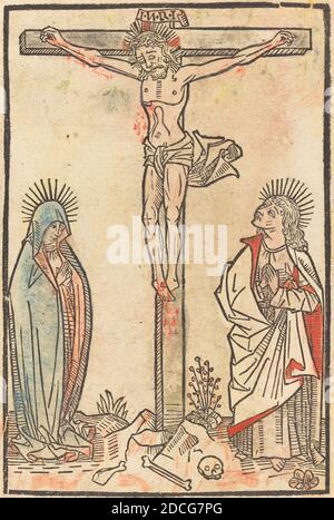 French 15th Century, (artist), Christ on the Cross, c. 1490, woodcut, hand-colored in red, light blue, and gray Stock Photo