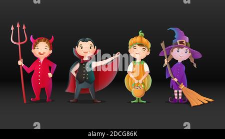 Vector collection of cartoon Halloween characters, devil, witch, pumpkin and Dracula. Stock Vector