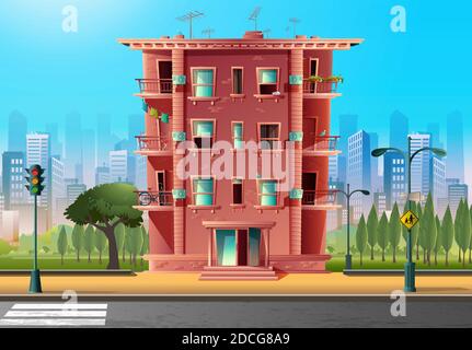 Vector cartoon style modern multi-storey building, architecture in cartoon style. Road crossing and school sign. Stock Vector