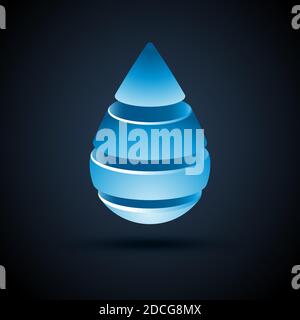 Vector abstract blue water drop logo design with shadow on dark background. Stock Vector