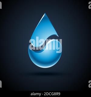 Vector abstract blue water drop logo design with shadow on dark background. Stock Vector