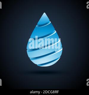 Vector abstract blue water drop logo design with shadow on dark background. Stock Vector