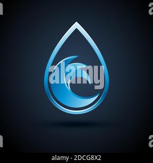Vector abstract blue water drop logo design with shadow on dark background. Stock Vector