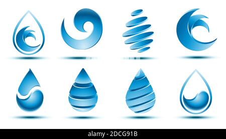 Vector collection of abstract blue water drop logo design with shadow on white background. Stock Vector