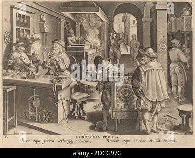 Theodor Galle, (artist), Flemish, c. 1571 - 1633, Jan van der Straet, (artist after), Flemish, 1523 - 1605, Clockmaking: pl.5, New Discoveries, (series), c. 1580/1590, engraving Stock Photo