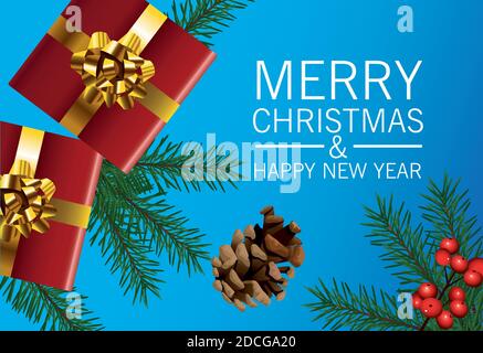 happy merry christmas lettering card with gifts in blue background vector illustration design Stock Vector