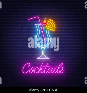Cocktail Blue Hawaiian neon sign on brick wall background. Stock Vector
