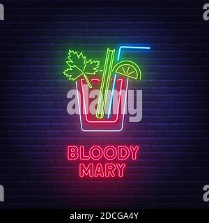 Cocktail Bloody Mary neon sign on brick wall background. Stock Vector