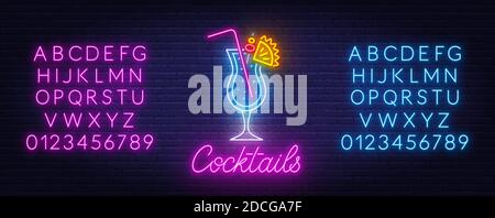 Cocktail neon sign on brick wall background. Stock Vector