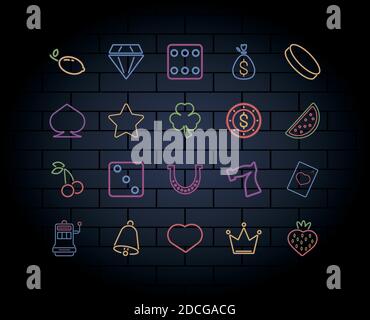 bundle of twenty casino neon lights labels in wall vector illustration design Stock Vector