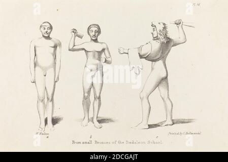 W. Walton, (artist), British (?), active 19th century, John Flaxman, (artist after), British, 1755 - 1826, Daedalian Figures from Bronzes, Flaxman's 'Lectures on Sculpture:' pl.16, (series), published 1829, lithograph Stock Photo