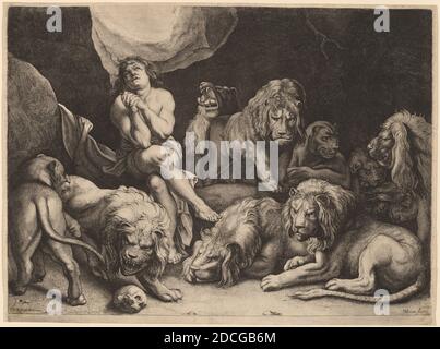 Willem van der Leeuw, (artist), Flemish, 1603 - c. 1665, Sir Peter Paul Rubens, (artist after), Flemish, 1577 - 1640, Daniel in the Lions' Den, engraving on laid paper, plate: 41.7 × 56.1 cm (16 7/16 × 22 1/16 in.), sheet: 42.2 × 57 cm (16 5/8 × 22 7/16 in Stock Photo