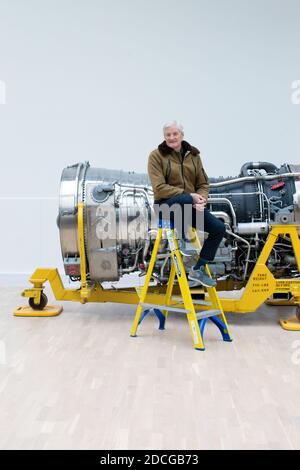 United Kingdom /Wiltshire/ Malmesbury/Dyson / Sir James Dyson next to an engine from the supersonic Concorde jet liner.Thursday 1st March 2018. Stock Photo