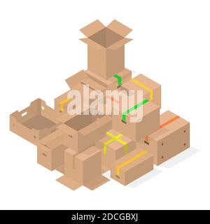 Bunch of cardboard boxes isolated on white background. Packaging design elements. Flat 3D isometric style, vector illustration. Stock Vector