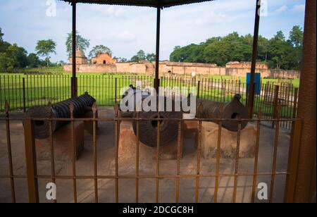 Cannons guarding the palace--Kareng Ghar or Talatal Ghar Rangpur, Sivasagar, Assam. Stock Photo