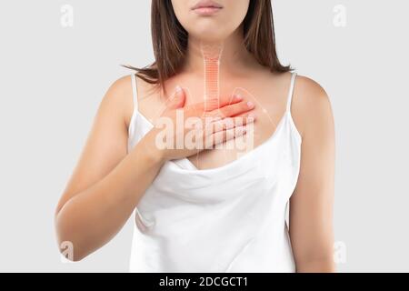 Bronchitis symptoms. Illustration of bronchial or windpipe on a woman's body, Concept with healthcare and medicine. Stock Photo