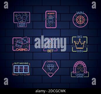 bundle of casino neon lights labels in wall vector illustration design Stock Vector