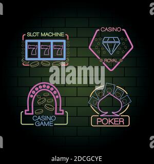 bundle of four casino neon lights labels in wall vector illustration design Stock Vector