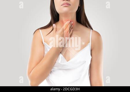 Bronchitis symptoms. Illustration of bronchial or windpipe on a woman's body, Concept with healthcare and medicine. Stock Photo