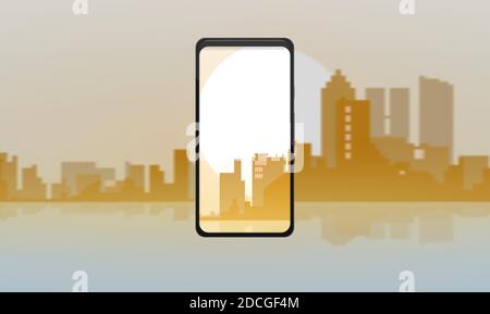 A realistic modern phone takes a photo or captures of a beautiful sunset city against the backdrop of sun. The city's lost background. Realistic Stock Vector