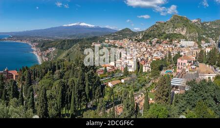 Taormina and Mt. Etna volcano in the bacground - Sicily. Stock Photo