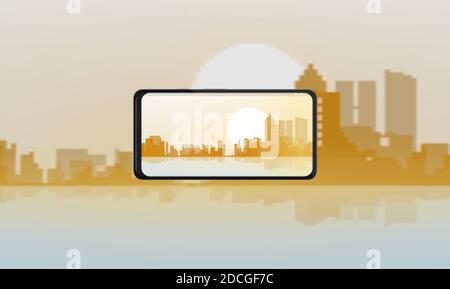 A realistic modern phone takes a photo or captures of a beautiful sunset city against the backdrop of sun. The city's lost background. Realistic Stock Vector