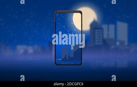 A realistic modern phone takes a photo or captures of a beautiful night city against the backdrop of stars and moons. The city's lost background Stock Vector