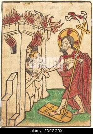 Ludwig of Ulm, (artist), German, active 1450/1470, Christ in Limbo, Passion of Christ, (series), hand-colored woodcut (blockbook page), Overall: 11.2 x 8 cm (4 7/16 x 3 1/8 in.), overall (external frame dimensions): 59.7 x 44.5 cm (23 1/2 x 17 1/2 in Stock Photo