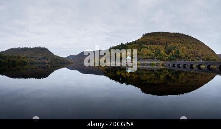 Panoramic autumn view of Garreg-ddu Reservoir in Elan Valley, Powys, Wales, UK Stock Photo