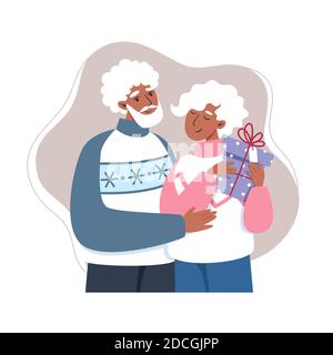 Grandpa and Grandma holding a gift, vector illustration in flat style Stock Vector