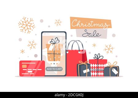 Christmas sale banner, online shopping using a smartphone, vector illustration in flat style Stock Vector
