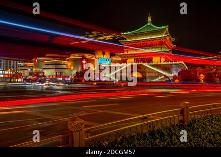 View of famous Bell Tower in Xi'an city centre at night, Xi'an, Shaanxi Province, People's Republic of China, Asia Stock Photo