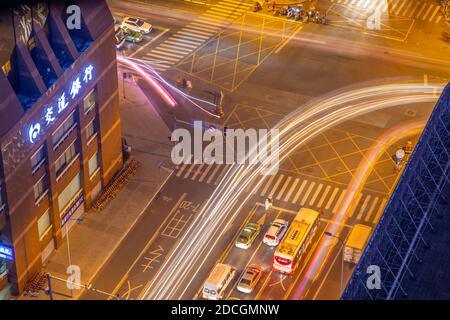 View of street scene from elevated position at night, Chengdu, Sichuan Province, People's Republic of China, Asia Stock Photo