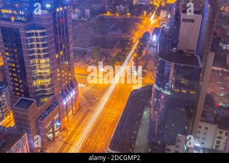 View of street scene from elevated position at night, Chengdu, Sichuan Province, People's Republic of China, Asia Stock Photo