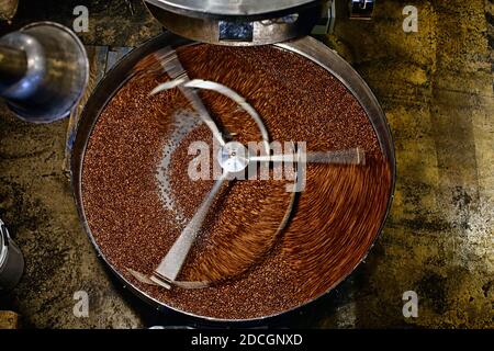 The freshly roasted coffee beans from a large coffee roaster being poured into the cooling cylinder. Motion blur on the beans. Stock Photo