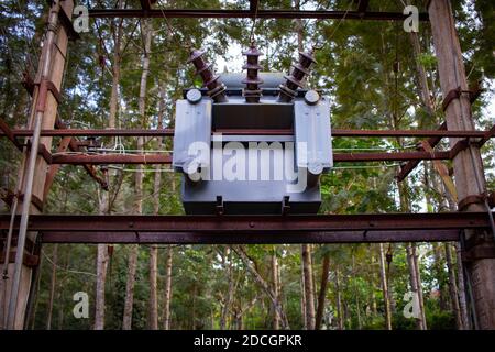 View of electrical transformer in a hill station, India Stock Photo