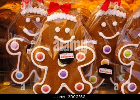 German gingerbread men in a bakery. They are popular with kids and are traditionally baked for Christmas, St. Nicholas' Day or St. Martin's Day. Stock Photo