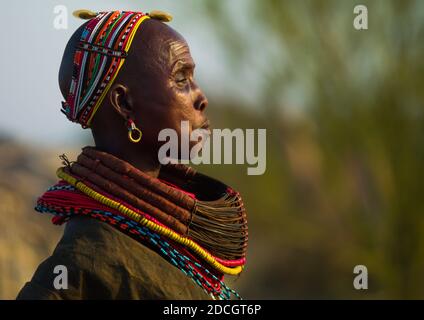 Rendille tribe woman wearing a mpooro Engorio necklace, Rift Valley Province, Turkana lake, Kenya Stock Photo