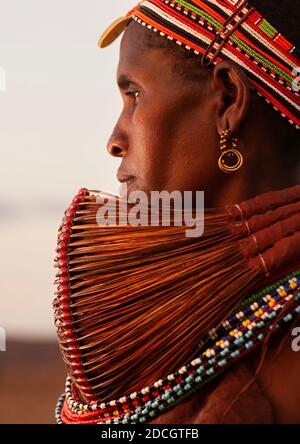 Rendille tribeswoman wearing traditional headdress and mpooro engorio necklace, Rift Valley Province, Turkana lake, Kenya Stock Photo