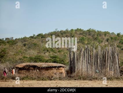 Maasai house with wooden fences for the cattle, Rift Valley Province, Maasai Mara, Kenya Stock Photo