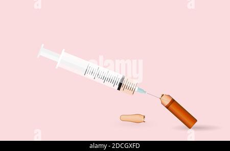 Syringe with Transparent ampoule with substance on pink background. Illustration. Stock Photo