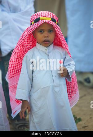 Young muslim boy during Maulid festival, Lamu County, Lamu, Kenya Stock Photo