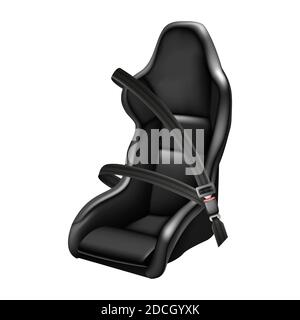 3d realistic vector icon illustration of sport car black leather car seat with fasten seat belt. Side view. Stock Vector